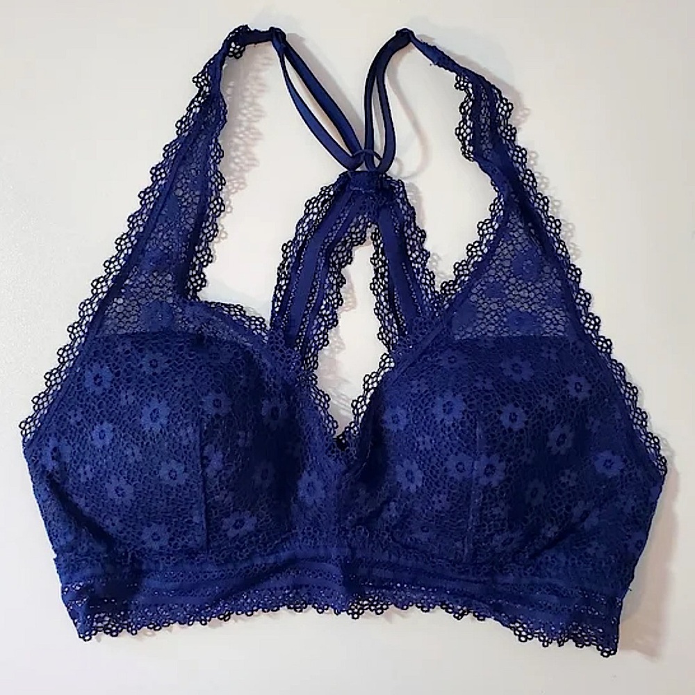 Victoria’s Secret Lightly Lined Racerback Floral Lace Ensign Navy Blue Bralette